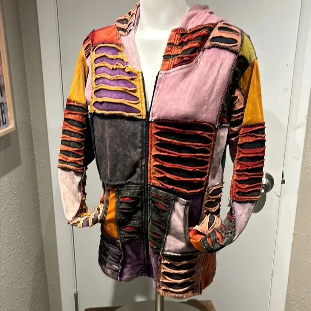 Vibrant Patchwork Hooded Jacket with Purple and Orange Accents - Picture 8 of 9